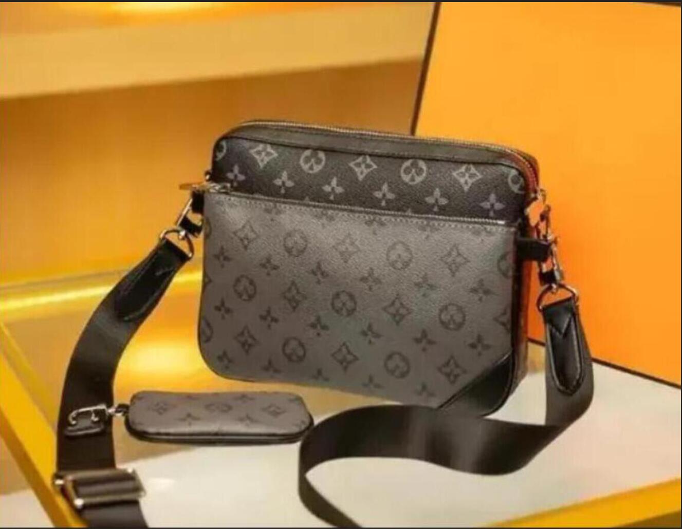 Luxurys Designer bags men 3pcs Trio Leather Black Flowers Messenger Purse Crossbody Bags Shopping Bag Plain Shoulder bag Handbags Women Wallets