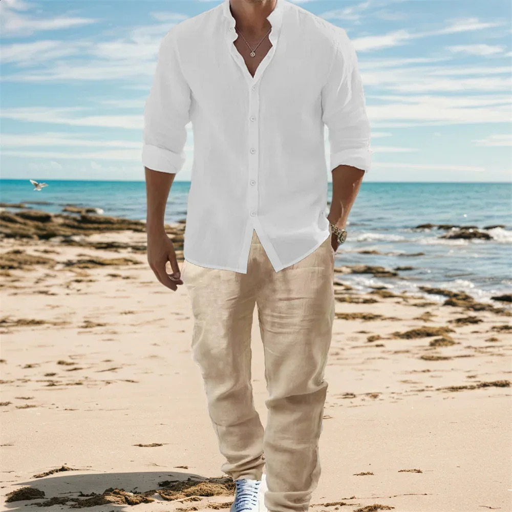 Men's Cotton Linen Long Sleeve Shirts Sets Casual Basic Style Vacation Solid Color Lightweight Breathable Male Stylish Outfit 260812 3f