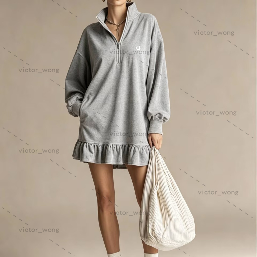 Designer Women Half Zip Sweatshirt Dress Stand Collar Long Sleeve Ruffle Hem Loose Sweater Dress with Pockets FC26108y