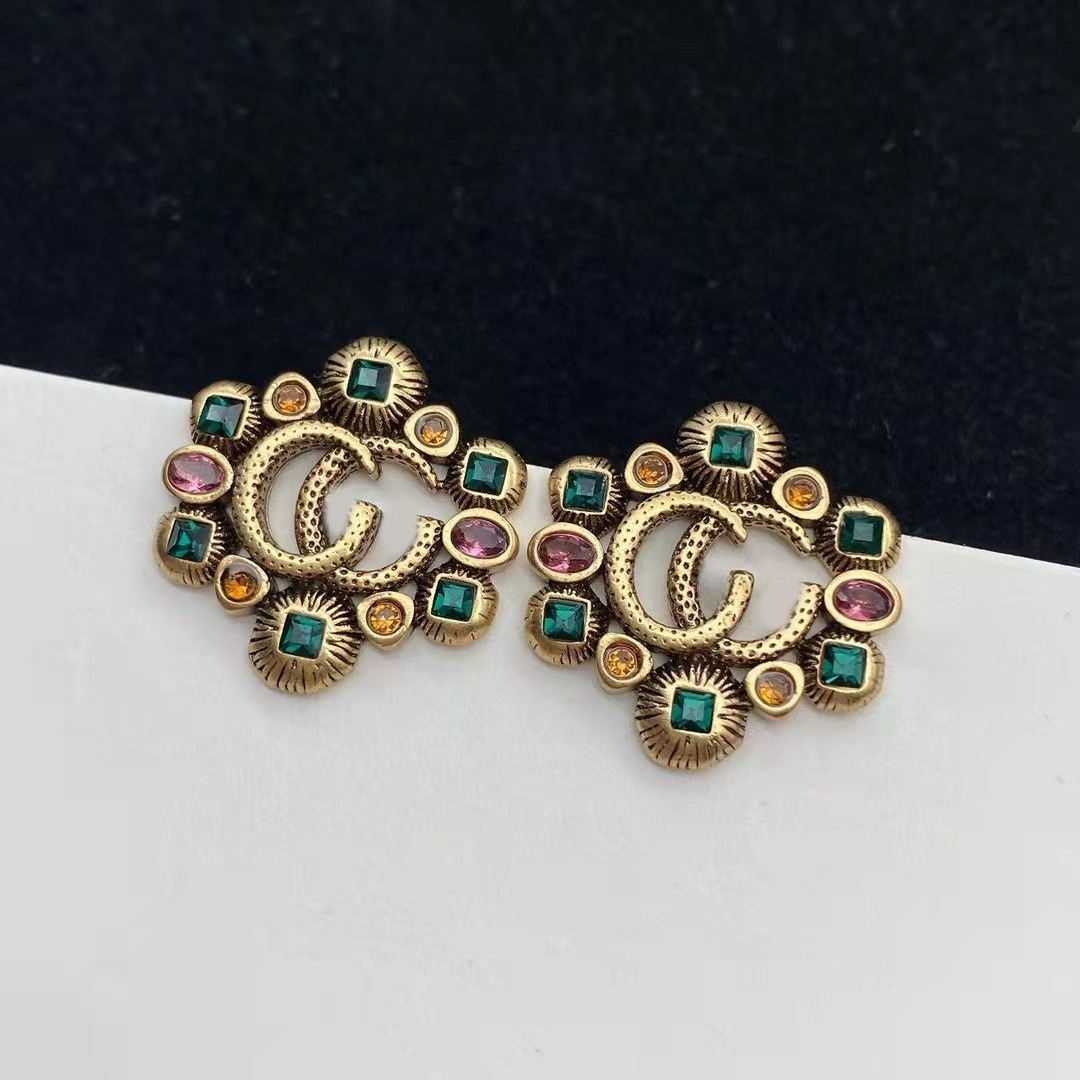 New G letter stud retro earrings Retro colored gemstone earrings Fashion Jewelry Gifts Designer Earrings