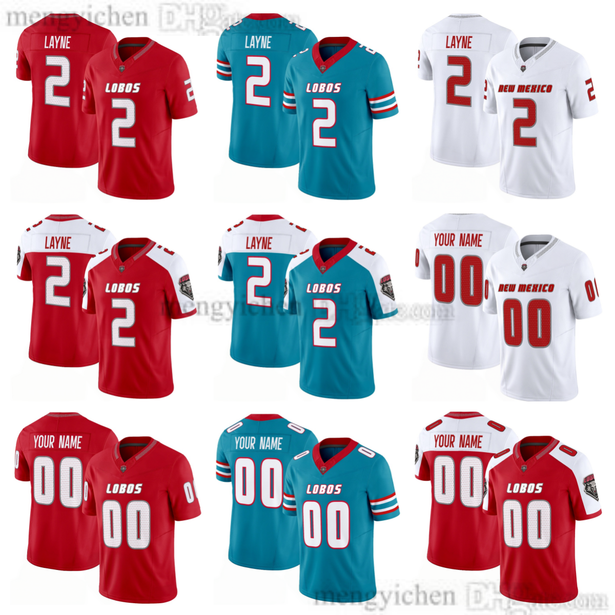 Men's 2026 New Mexico College Lobos Football Jersey 2 Jack Layne 22 Scottre Humphrey 10 Luke Moga 23 Cameron Mathews 5 Troy Omeire 0 Miles Will