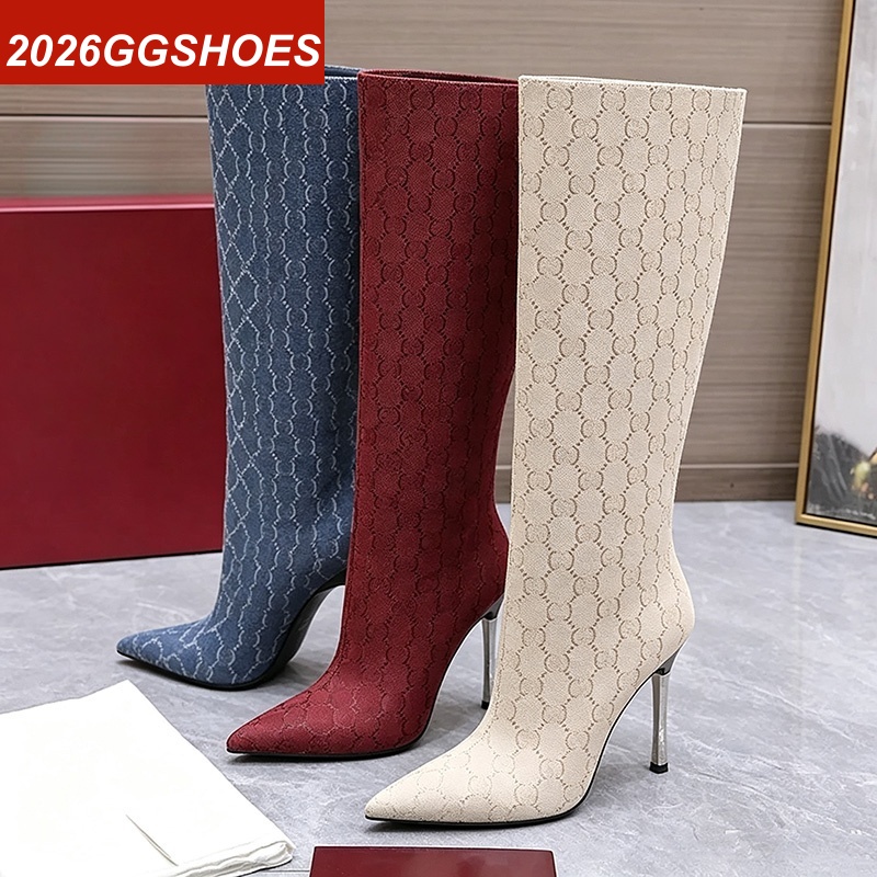 Designer Vintage Jacquard Pattern Knee High Bombshell Boots with Thinning Metal Stiletto Heels for Women size 36 41