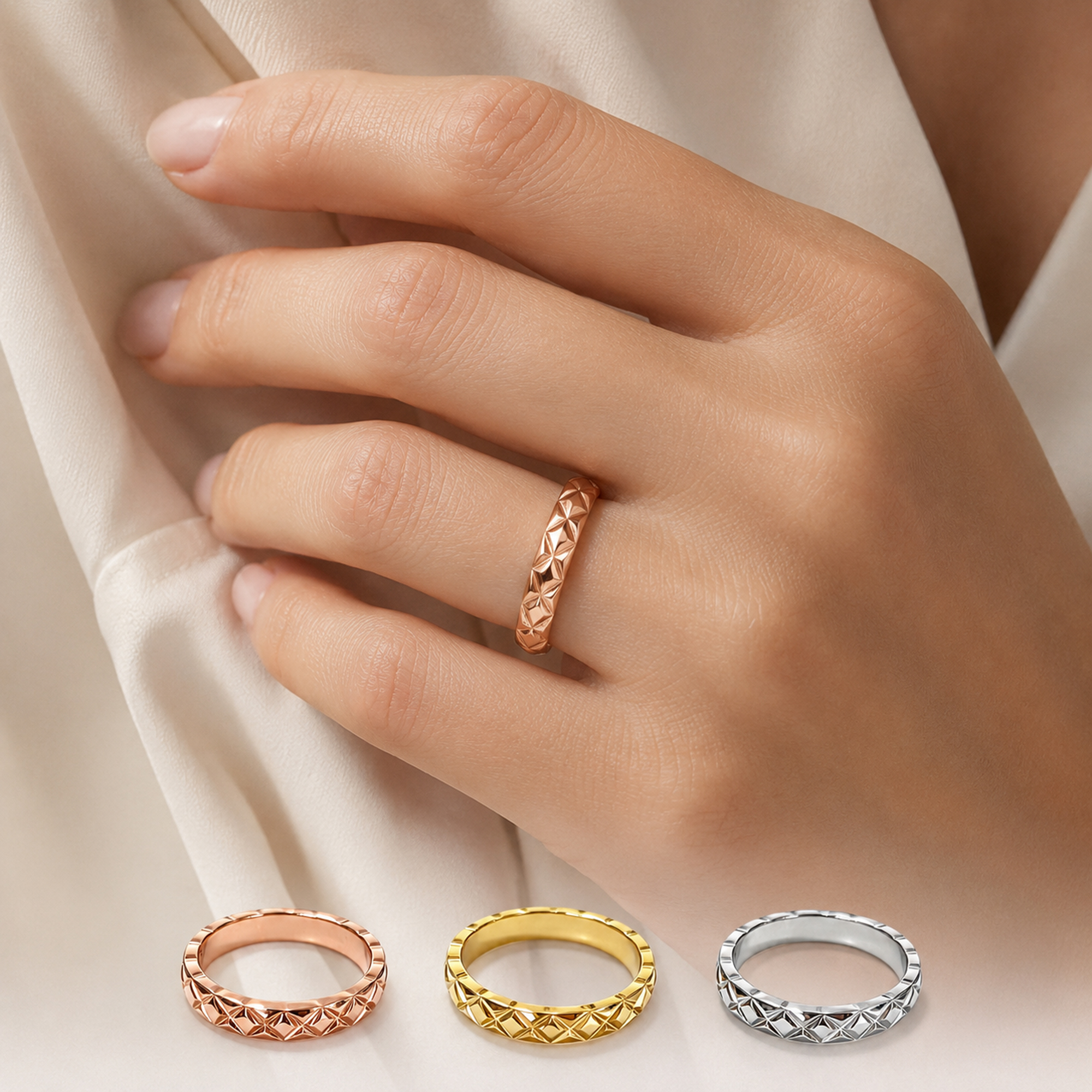 Wholesale Geometric Faceted Narrow Band Ring Stainless Steel Rose Gold Tone Gold Tone Silver Tone US Sizes 6 7 8 OEM ODM