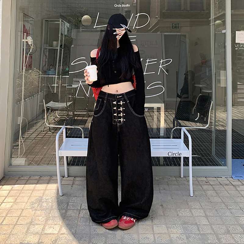 Y2k Abbigliamento Jeans da donna Baggy larghi gamba larga pantaloni a vita alta lavati effetto consumato streetwear pantaloni lunghi casual 260812 b
