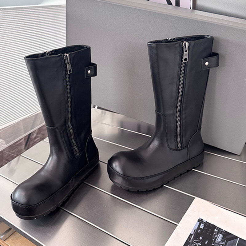 SS27 Popular Round Toe Boots New Designer Dark Knight Boots Big Head Solid Color Boot Top Metal Large Zipper With logo Design Rubber Non Slip Outsol