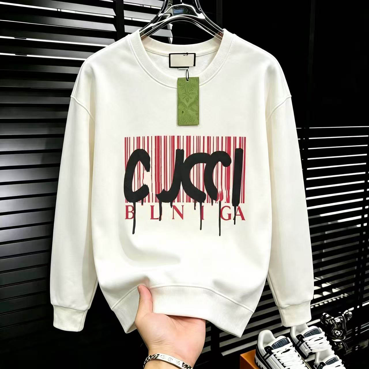 Men's Hoodies Sweatshirts Fashion Men Classic Logo Crew Neck Sweatshirt Retro Red Green Stripe Casual Pullover