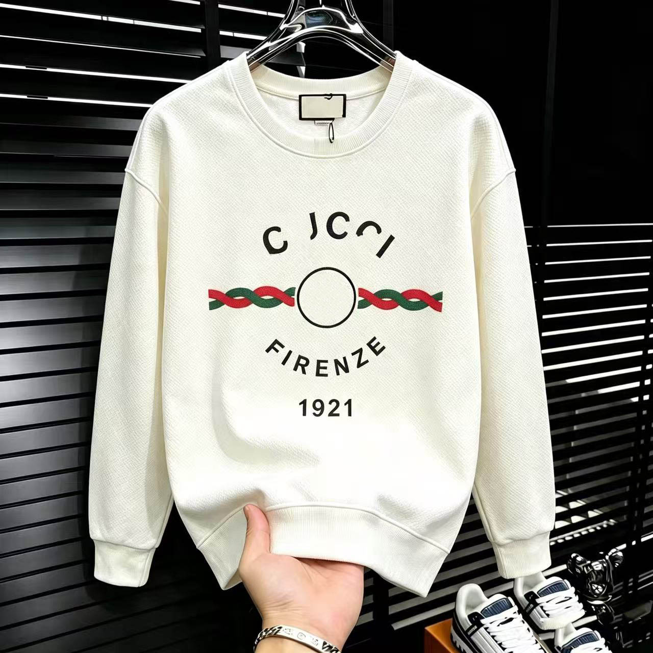 Men's Hoodies & Sweatshirts Men Casual Crew Neck Sweatshirt Striped GU Letter Print Loose Pullover Long Sleeve Streetwear Men Tops 66