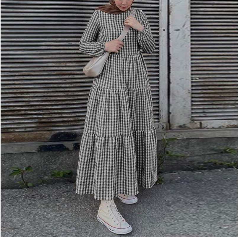 (2014) nouvelle belle et à la mode robe musulmane à manches bouffantes à carreaux