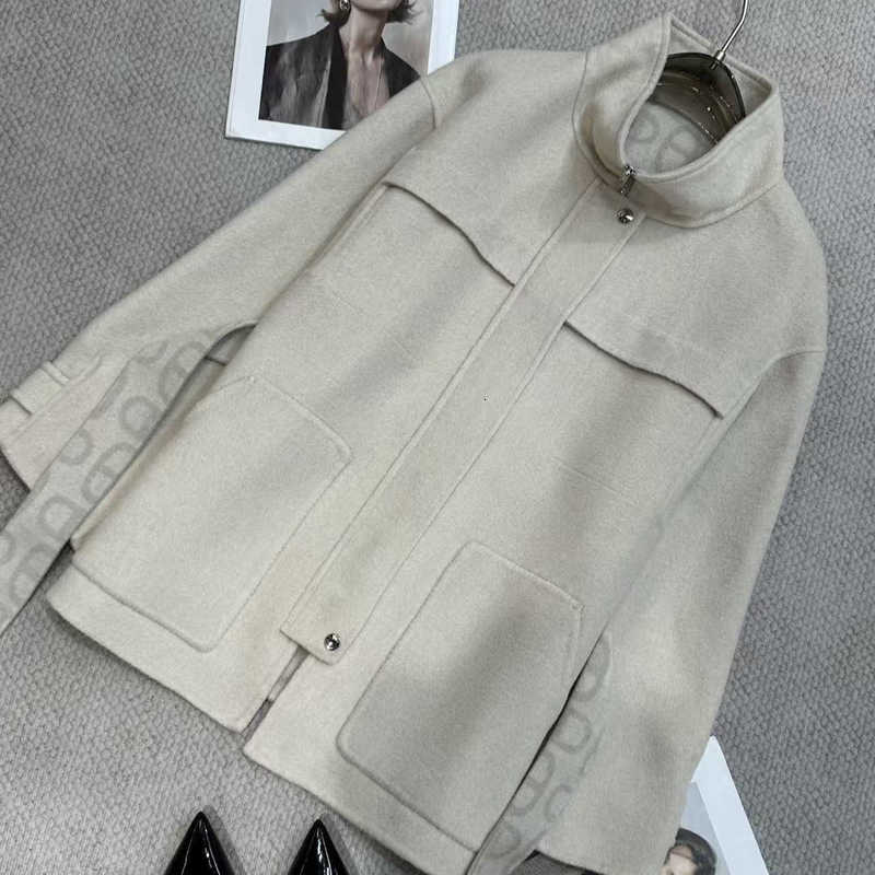 designer Women's Wool & Blends Fall/Winter New Double-Sided Hand-Stitched Cashmere Stand Collar Zipper Pig Nose Wool Coat for Women