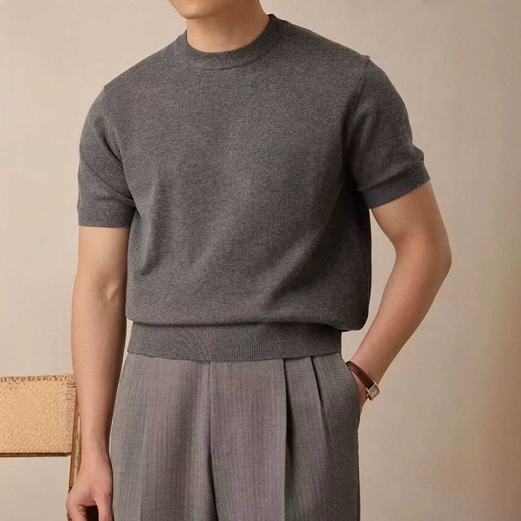 Cross-Border Summer New Round Neck Short Sleeve T-Shirt Men Korean Version Trendy Knitted Ice Silk Base Shirt Solid Color Casual Top