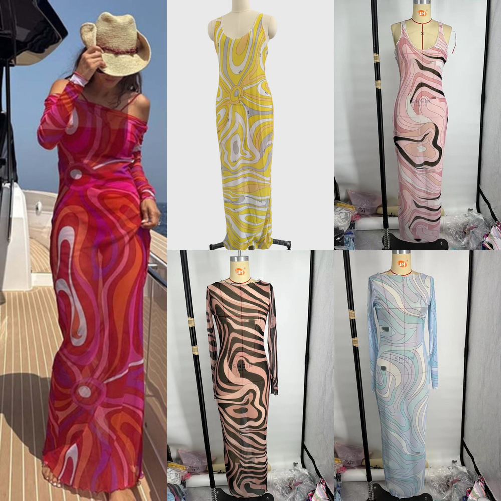 Sexy Mesh Dress Designer Beach Swimsuit Summer Maxi Dresses For Women Elegant Bikini Fashion Printed Ladies Long Skirt