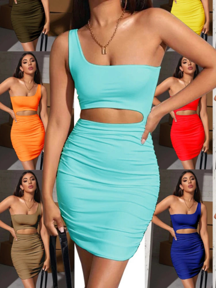 Sexy Off One Shoulder Waist Hollow Out Slim Bodycon Dres Sleeveless Solid Color Elastic Evening Club Party Vestidos 260730