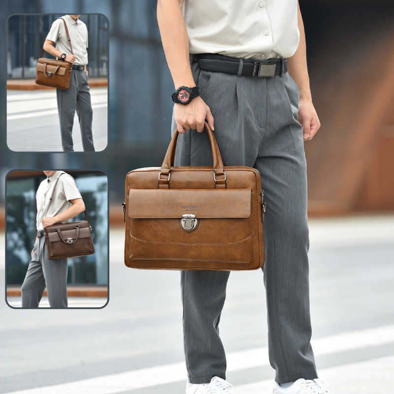 zippered hand held Men's single shoulder crossbody bag with computer storage and large capacity business briefcase H260813