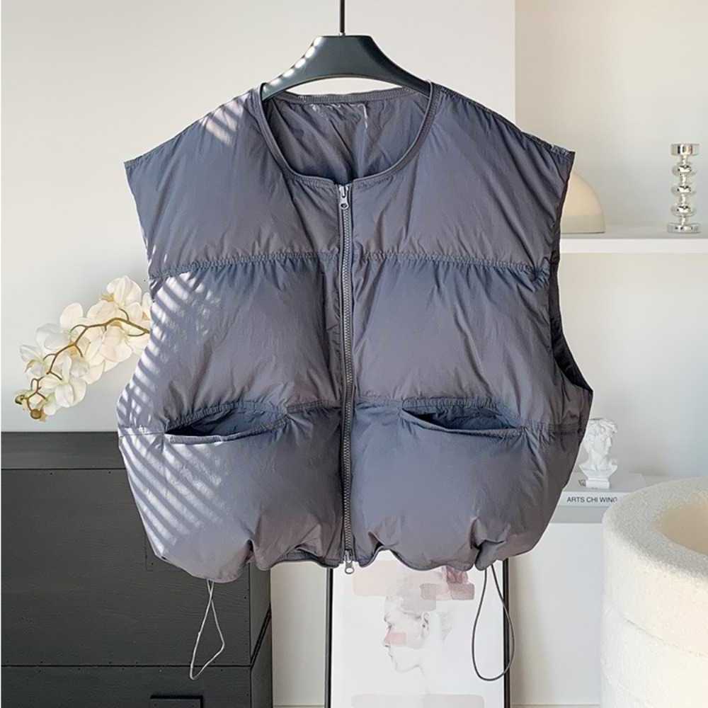 Jacket Women Down New Winter Loose Short White Duck Down Sleeveless Vest Hem Adjustable Zipper Up Warm Casual Solid Puffer TankT260813