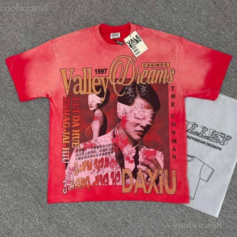 Valey T Shirt Designer Men American Style Trendy Brand White Ink Direct Print Washed Vintage Loose Fit Pure Cott Short Sleeve Valleys T Shirt High E