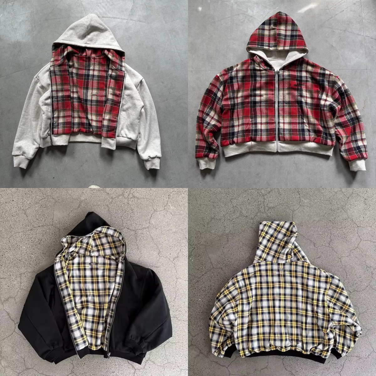 Men Zip Up Hoodie Reversible Plaid Spliced Hooded Sweatshirt Autumn Winter New Fashion Double Sided Wear Zip Hoodies For Men