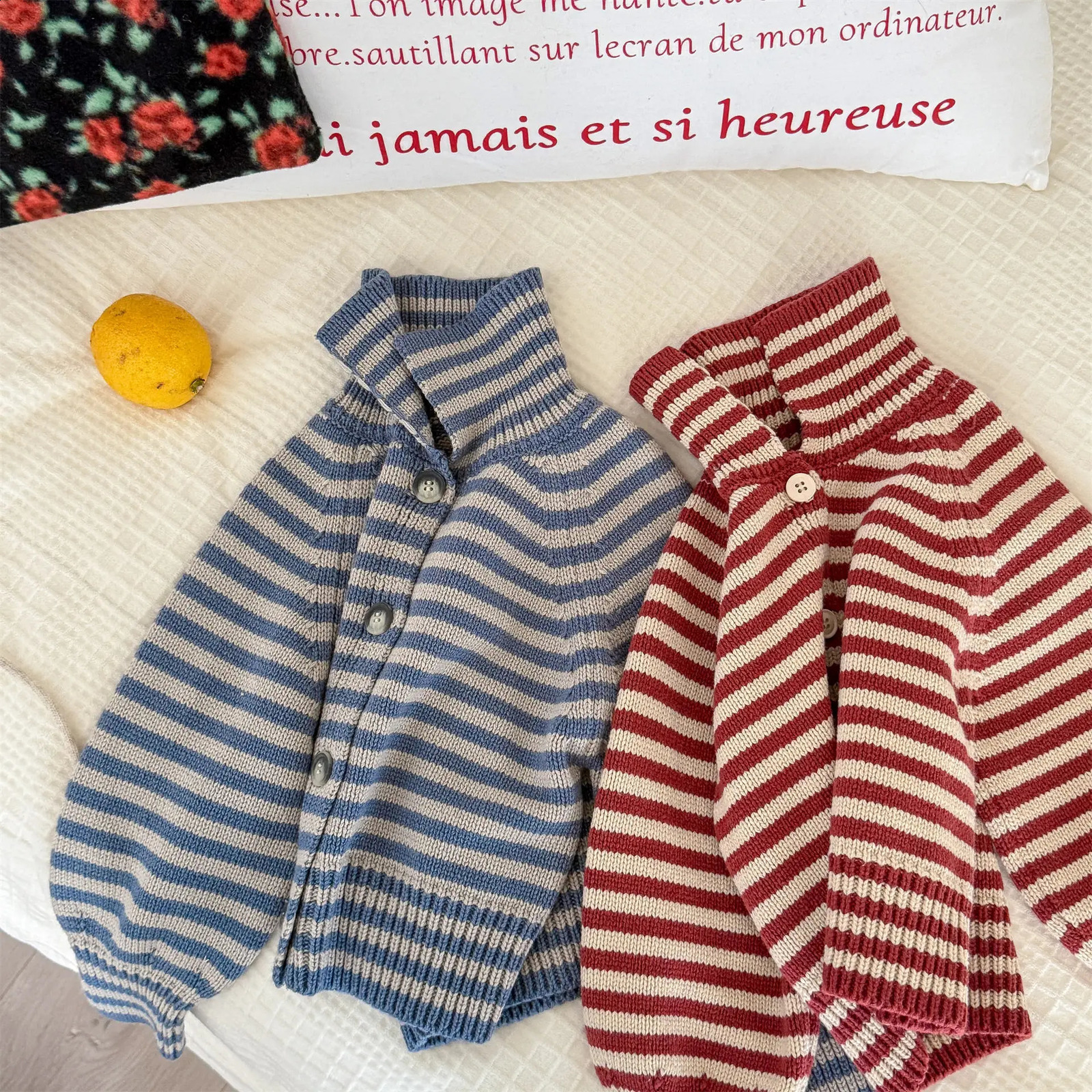 7135 Children's Knitted Cardigan Coat Autumn and Winter Korean Striped Baby Girl's Sweater Cardigan 260807