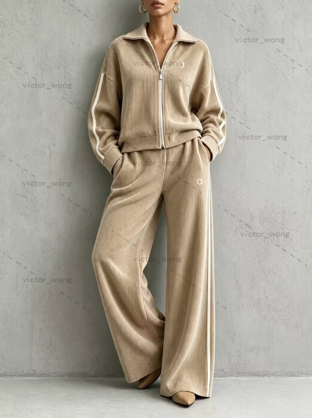FC26146y Designer Women Full Zip Stand Collar Jacket Side Stripe Wide Leg Pants 2 Piece Yoga Set Outfit Loungewear Tracksuit Set
