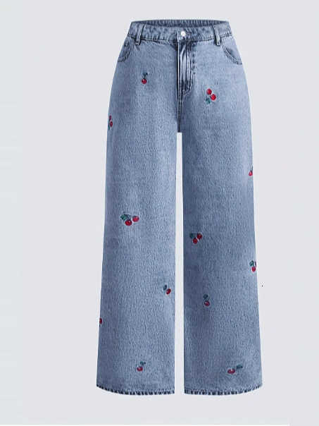 Jeans ricamati elasticizzati rossi con fiori di ciliegio rossi lavati stile vintage 2026 da donna occidentali T260813