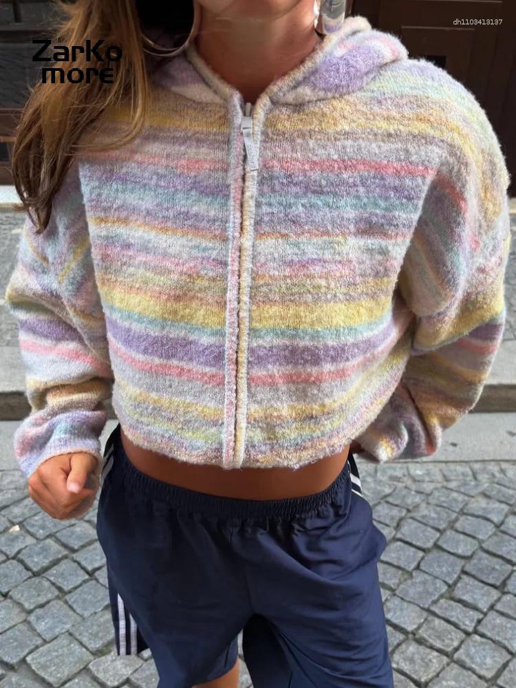 Women's Knits Fashion Colorful Stripe Cardigan Loose Hooded Full Sleeve Knitted Zipper Jackets 2026 Autumn Lady Daily Street Clothes