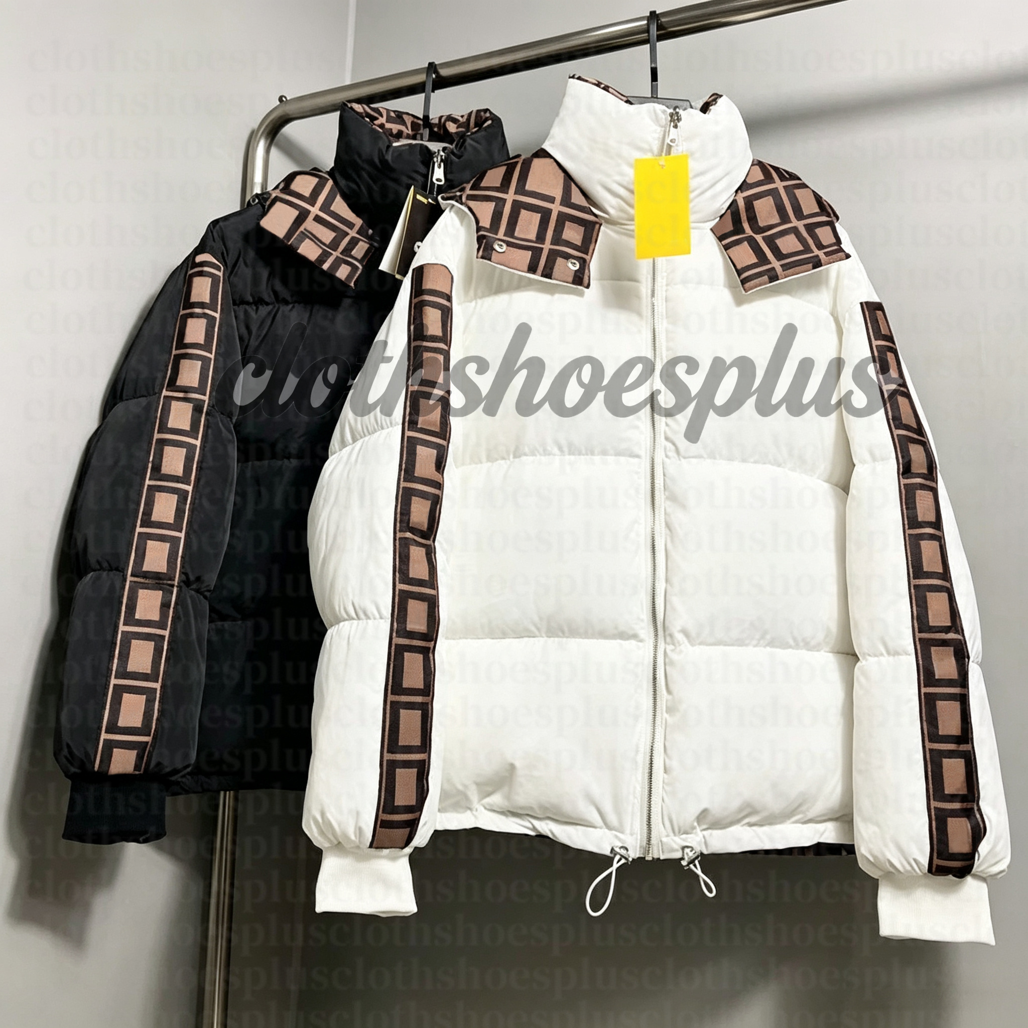 Luxury Designer Women Reversible Monogram Striped Sleeve Stand Collar Short Puffer Jacket Double Sided Windproof Warm Winter Bubble Down Coat Size M