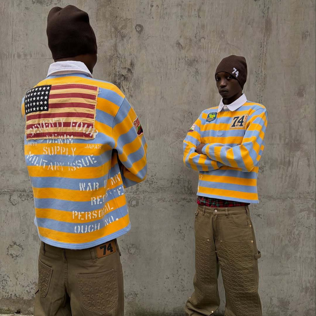 Unisex Yellow Blue Striped Cropped Rugby Shirt Flag Patch Letter Print Long Sleeve Polo Top Vintage Streetwear