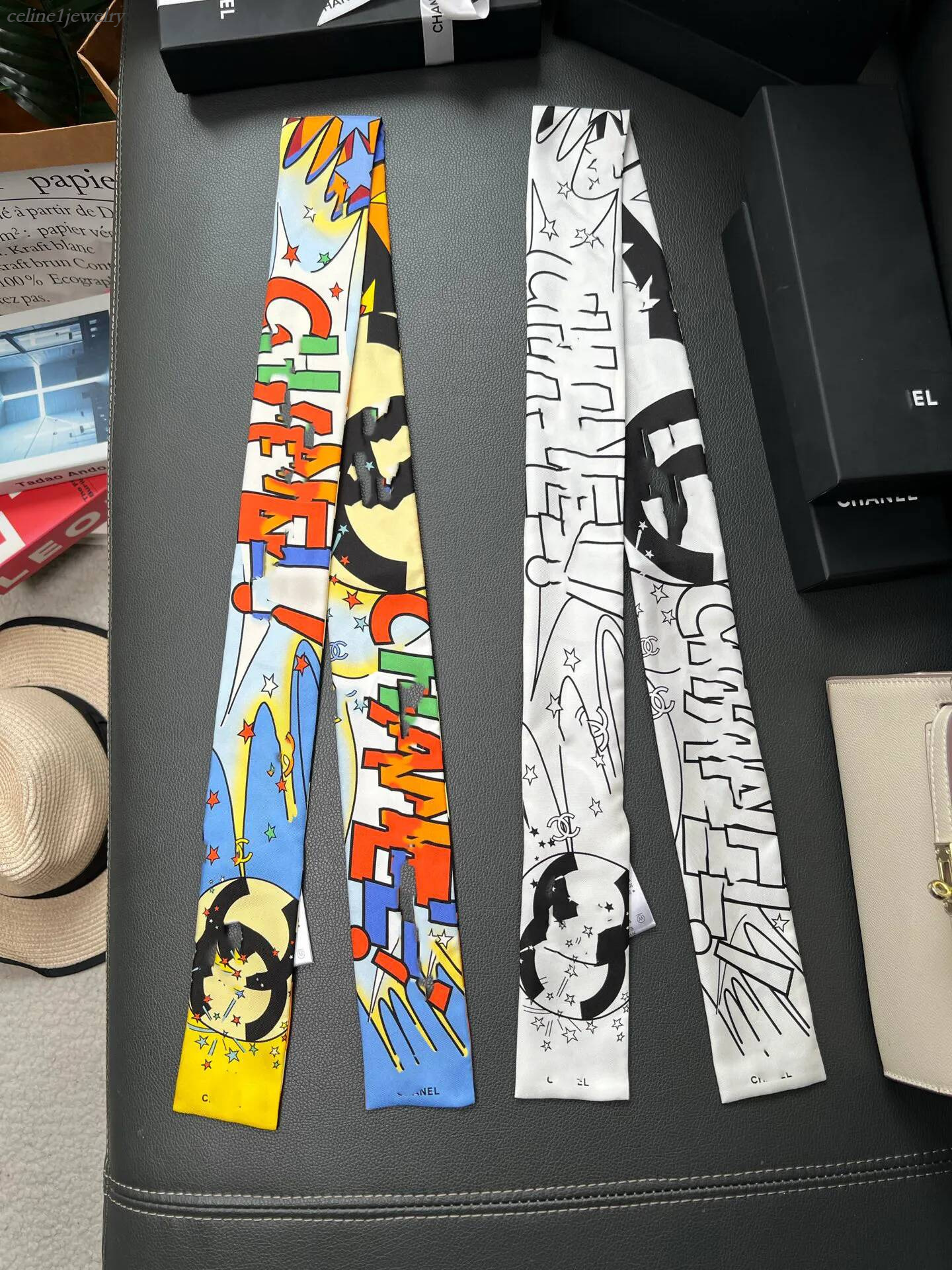 120*6cm 10A CC designer scarf comic pattern decorated multi functional tie bag the latest headband double layer silk small ribbon