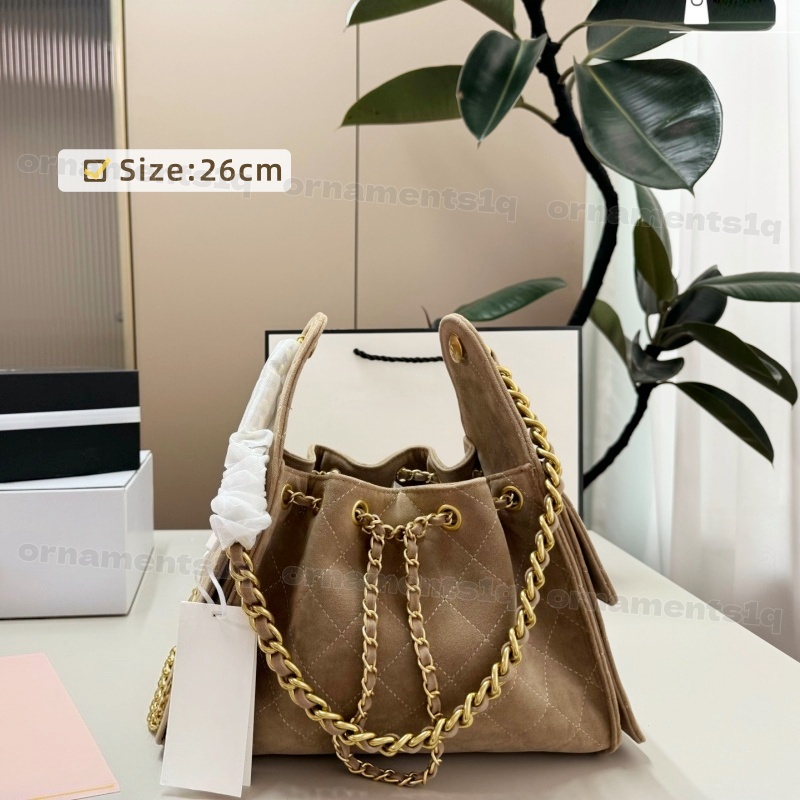 Women Suede Diamond Quilted Drawstring Bucket Bag Gold Chain Shoulder Tote Bag Large Capacity Ladies Crossbody Shopping Handbag
