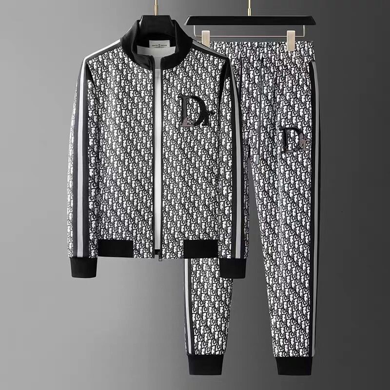 Mens Stand Collar Zip Tracksuit Two Piece Outfit Allover Tiny Letter Print Side Double Stripe Trim Chest Badge Detail Drawstring Cuffed Jogger Pants