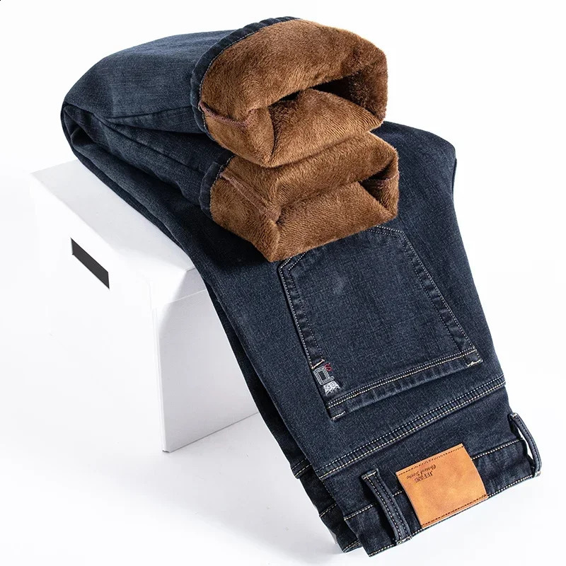 Winter Fleece Men's Casual Jeans Stretch Fashion Cotton Thick Plush Warm Denim Trousers Male Pants Plus Size 42 44 260812 ec