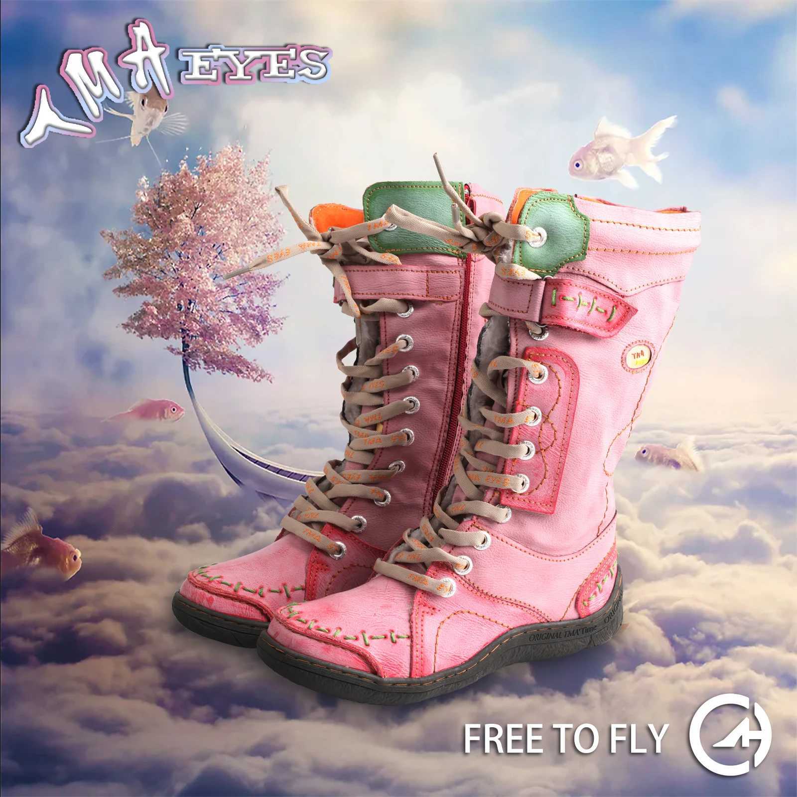 TMA EYES Long Warm Leather Women's Boots In Winter With Solid Color Hand Stitching T260812