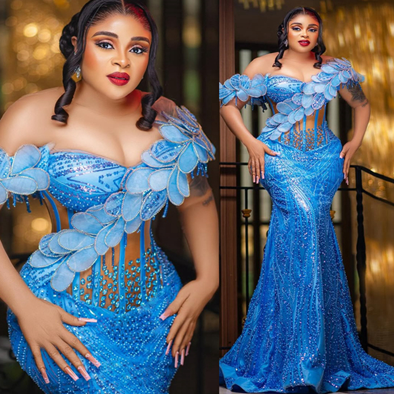 2026 Plus Size Blue Mermaid Prom Dress Evening Dresses 3D Ap