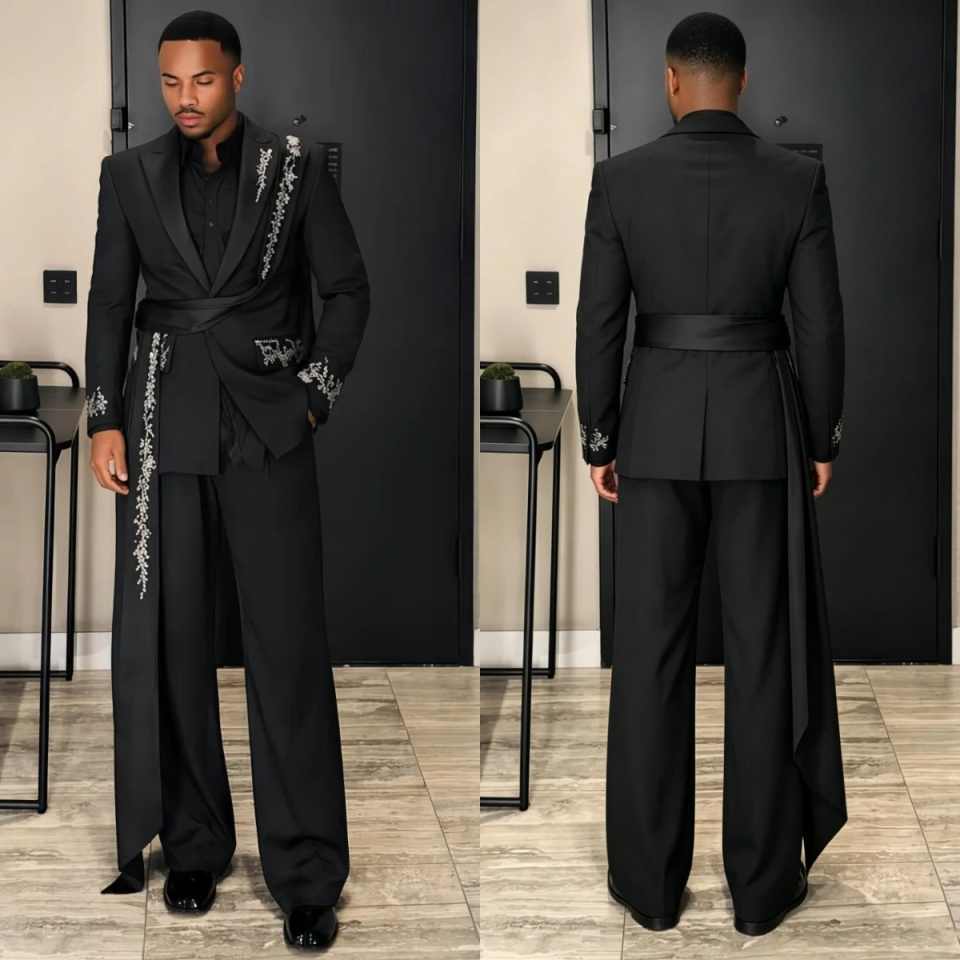 Black Man Tuxedos With Cap 2 Pieces Classic Fit Crystal Groom Trousers Suits Male Wedding Birthday Party Guest Wear Customized