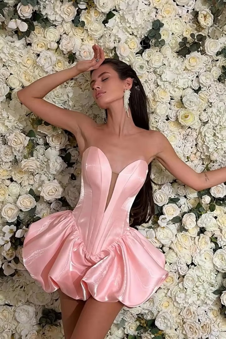 Sexy Pink Sweetheart Deep V Corset Mini Cocktail Dress Shiny Satin Bubble Puff Skirt Bodycon Birthday Club Night Party Homecoming Gowns Youmaidress