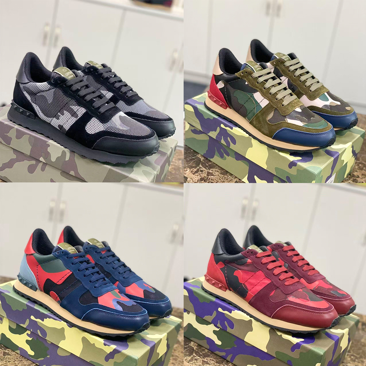 Valentines Rockrunner Camouflage Mesh Sneakers tennis run Designer Suede men casual shoe basketball Summer Outdoor Vintage jogging shoes trainer lux