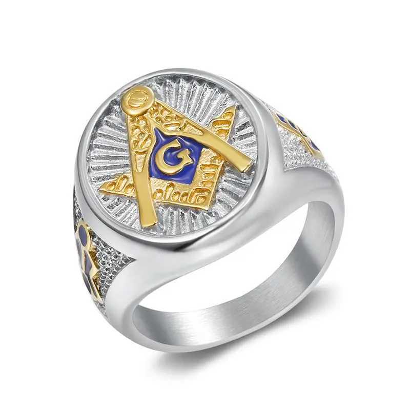 AG Ring Blue Enamel Freemason Masonic Free Mason Gold color Stainless Steel Jewelry For Men/women C260812