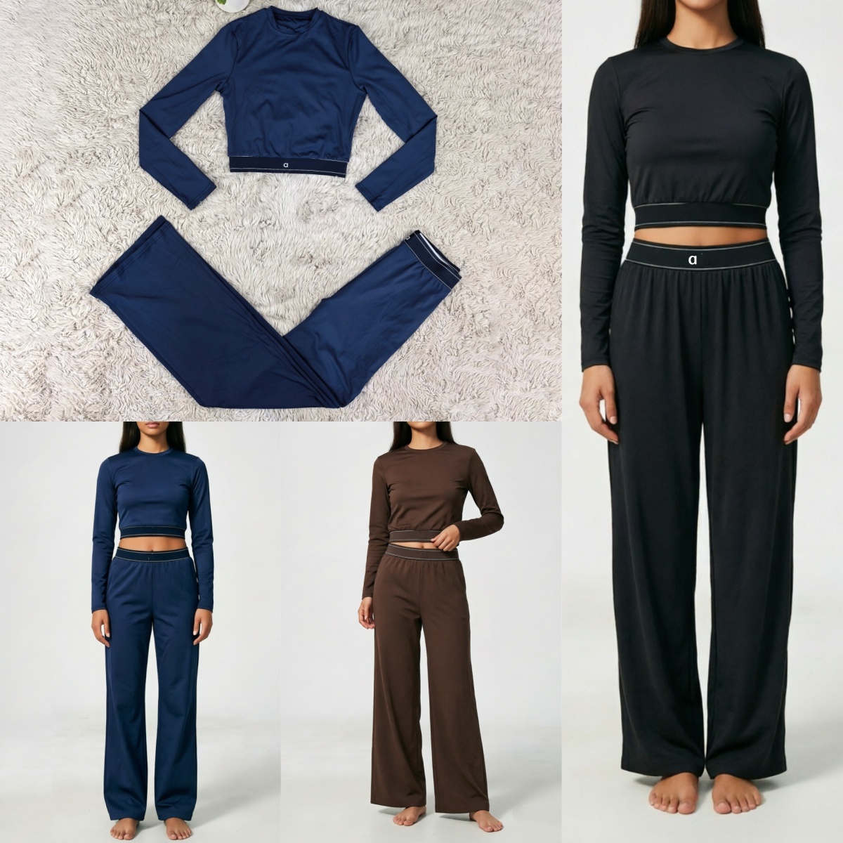 2647AO Haut ajusté à manches longues avec pantalon large taille haute Ensemble de yoga Ensemble décontracté d'inspiration athlétique Chemises de