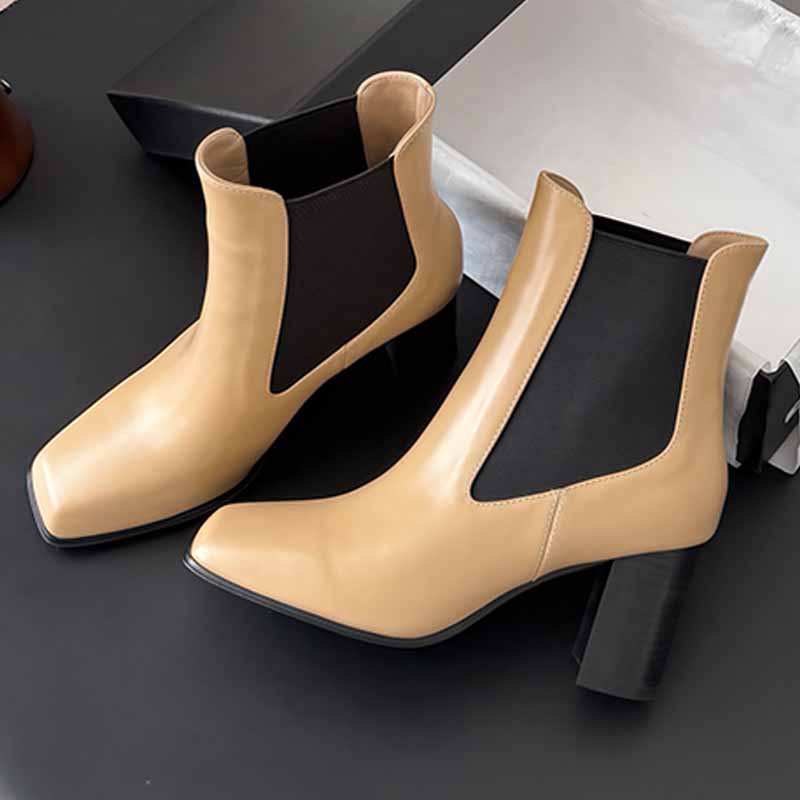 New Ladies square head Chelsea Short boots Side Elastic fitting feet Naked boots High quality sheepskin Workplace autumn winter womens boots