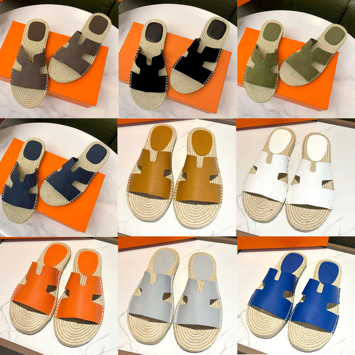 Qran Espadrille Jute Sole Leather Slide Sandals Designer orange Mules mens Straw weave slippers Suede casual Home fisherman shoes Summer Beach pool