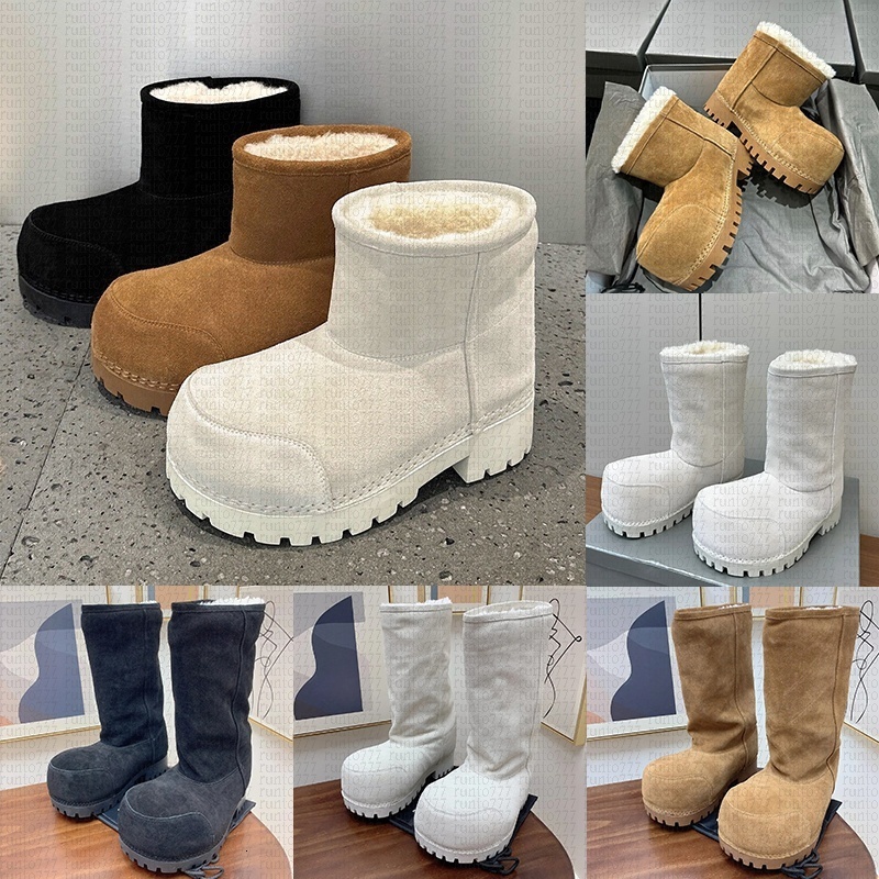 Designer Alaska Fur Boots Combat Strike Tractor Stomper High Bootie Winter Snow Rain Fall Fluffy Furry Calfskin Low Thick Rubber Sole Womens Men Cla