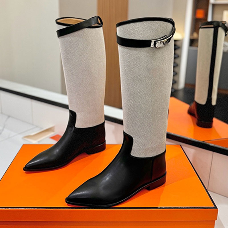 Popular New Womens Pointed Boots Classic Designer knight Boots Top Grade Cowhide Fabric Genuine Leather Outsole Classic Color Blocking Design