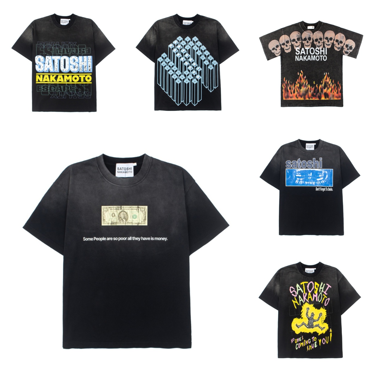 Men's T Shirts Washed Black Summer Satoshi T-shirt Dollar Print Letter Men Women Short Sleeve Top Cotton Tees