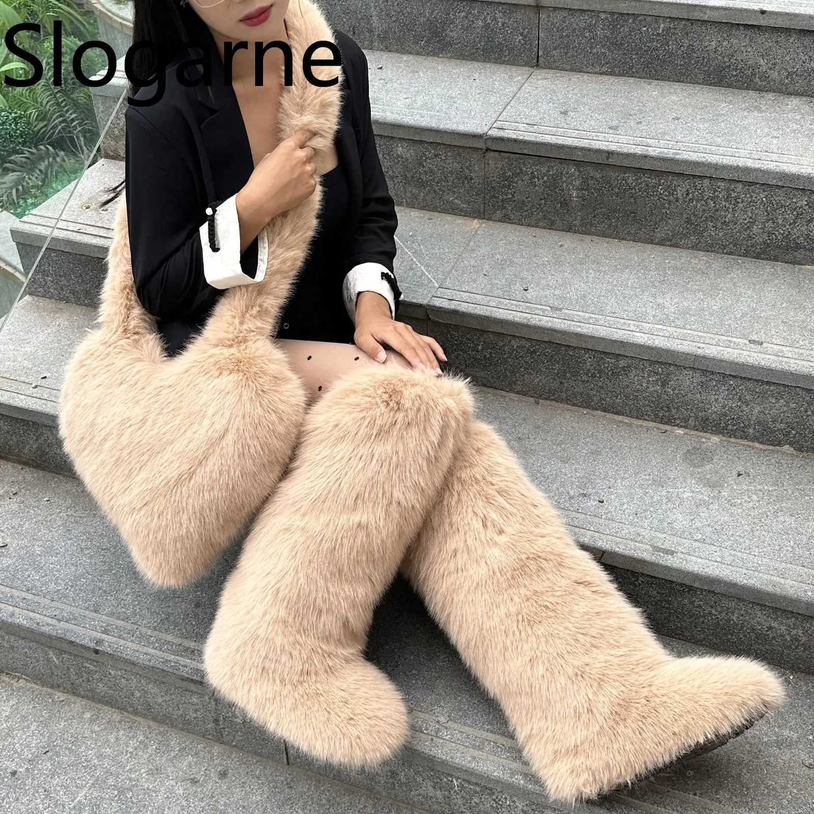 Knee High Fur Boots and Bag Sets Women Luxury Fluffy Long Snow Boots Furry Shoulder Bags Winter Fashion Suits Warm Plush Shoes T260813