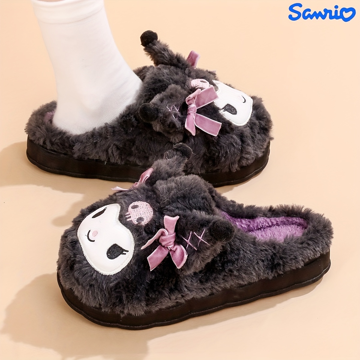 Sanrio Kuromi Warm Short Plush Indoor Cartoon Cute Women's Autumn Winter House Couple's Style Soft And Comfortable Home Slippers Perfect F