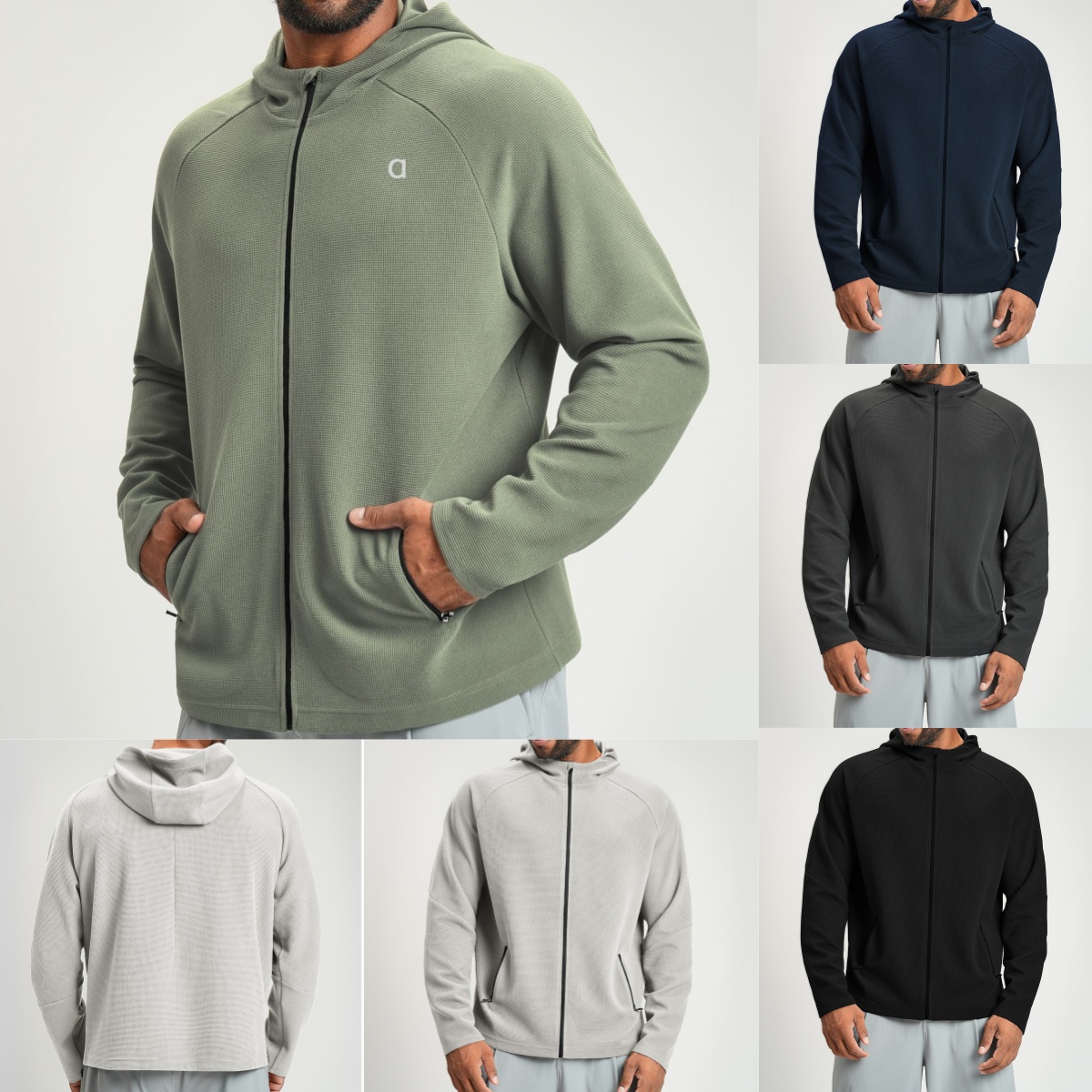 A2665 Men's Fashion 3D Silver Hoodies Waffle Hooded Sports Fitness Coat Outdoor Hiking Full Zipper Long Sleeve Sweater Coat