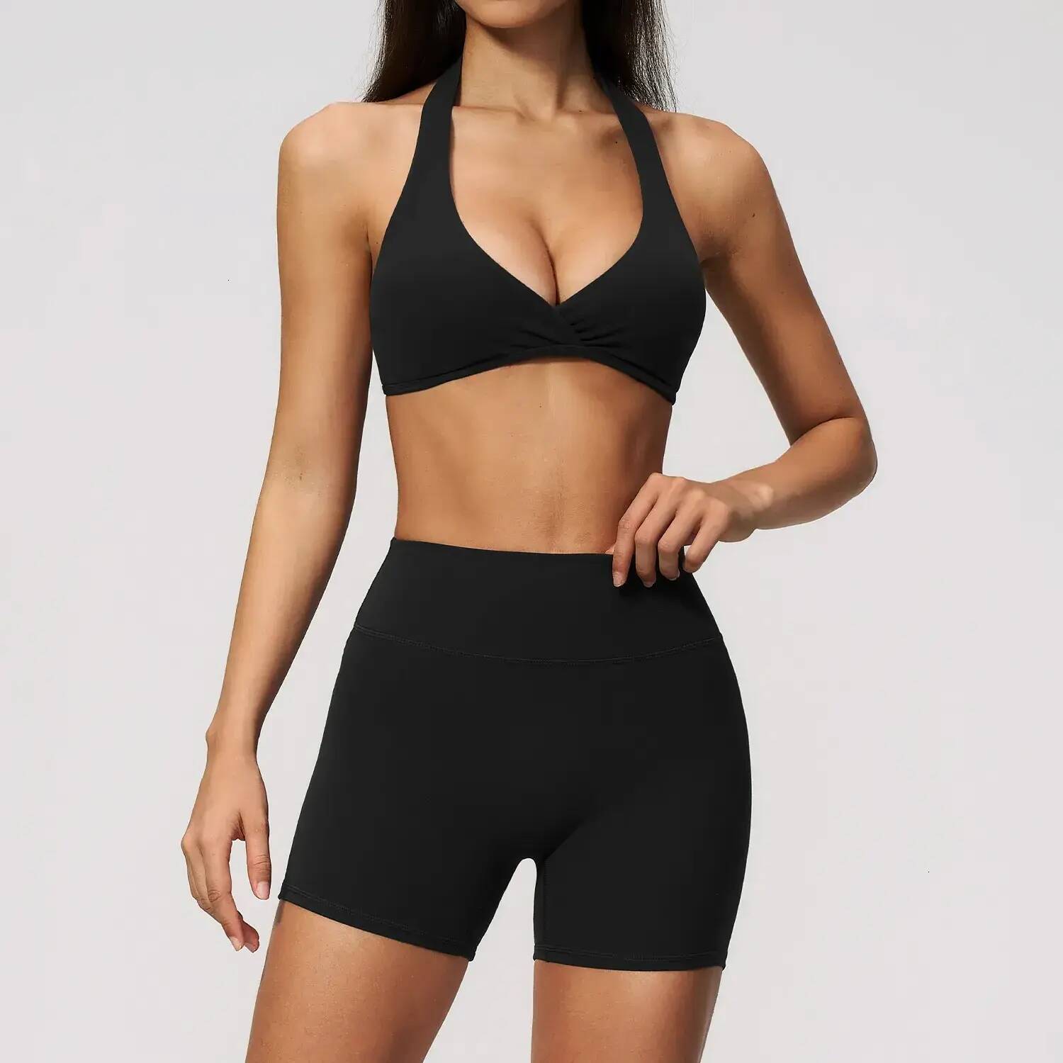 Women 2 Piece Yoga Set Halter Cross Front V Neck Sports Bra High Waist 3 Inch Biker Shorts Workout Activewear Outfit
