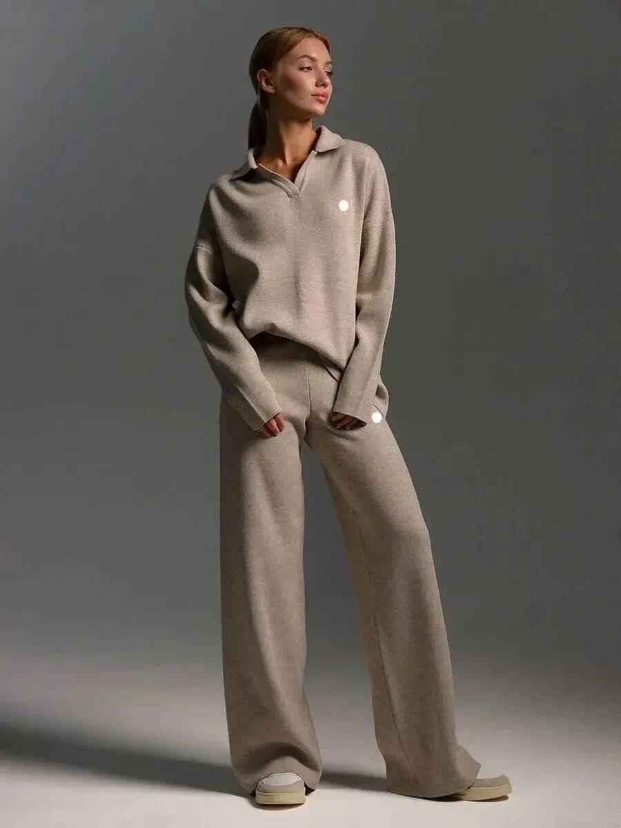 Women Fall Winter Soft Warm Knit Polo Collar Pullover Set High Waist Wide Leg Jogger Pants Elastic Stretch Streetwear Yoga Gym Casual Tracksuit