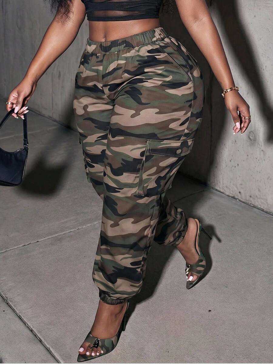 Slaydiva Plus Size Women's Camo Cargo Jogger Pants Multi-Pocket Elastic Cuff Streetwear Pants Casual Curvy Bottoms Fall H260813