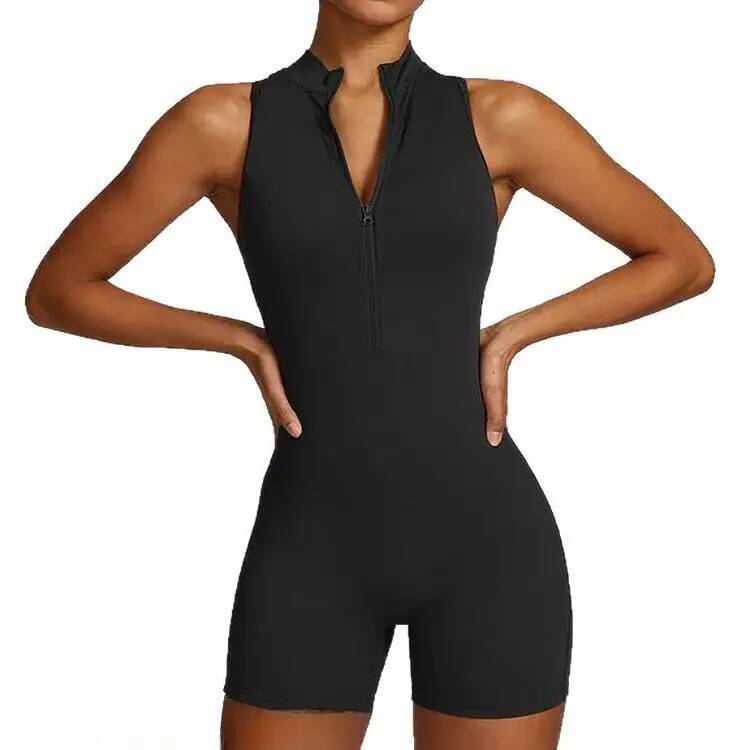 Backless Waist Scrunch Short Jumpsuit Women Solid Color Zipper One Piece Workout Bodysuit High Elastic Gym Yoga Fitness Suit