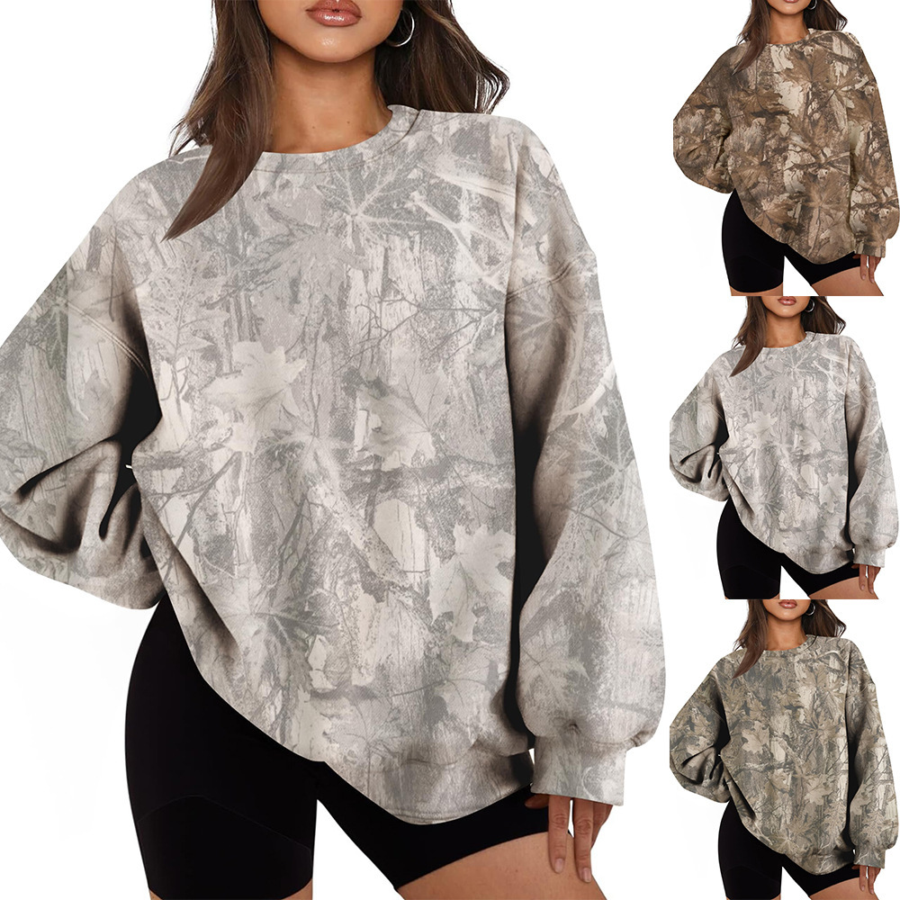 2026 New Fashion Womens Maple Leaf Camo Print Crewneck Sweatshirts Long Sleeve Pullover Designer Hoodies Women's Clothing Tree Pattern Round